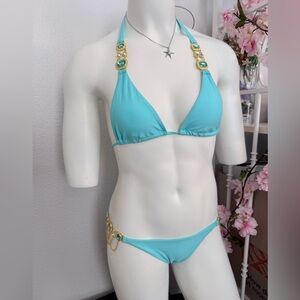 Azure Crystal Goddess Two-Piece Bikini – Gold Filigree & Gemstone Embellished